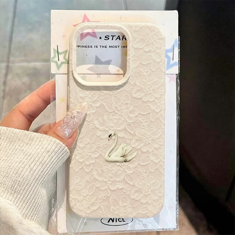 Apple Iphone 15 - Spitzenmuster Schwan Lychee Textur Handyhülle für